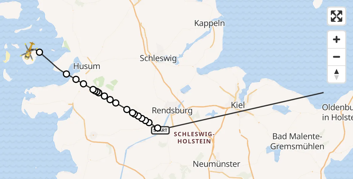 Flugroute Ambulanzhubschrauber Hörsten - Pellworm, 13 Oktober 2026, 02:31