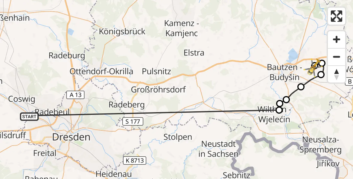 Flugroute Rettungshubschrauber Dresden - Bautzen Flugplatz, 13 Oktober 2026, 02:41