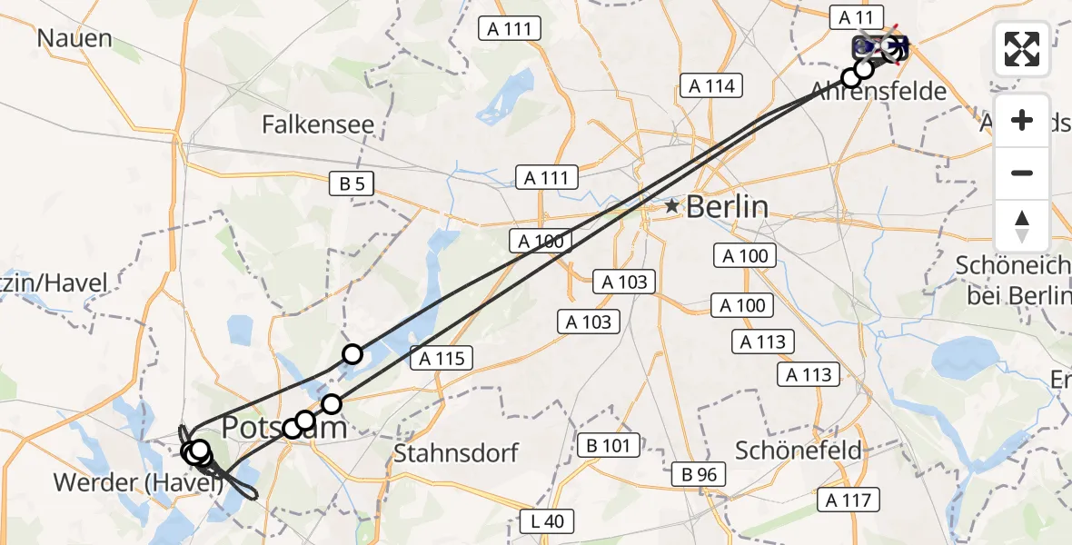 Flugroute Polizeihubschrauber Ahrensfelde Hubschrauberlandeplatz - Ahrensfelde Hubschrauberlandeplatz, 13 Oktober 2026, 03:46