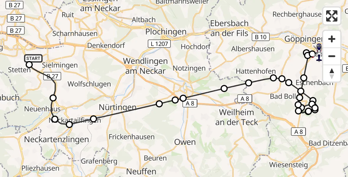 Flugroute Polizeihubschrauber Flughafen Stuttgart - Göppingen, 13 Oktober 2026, 04:40