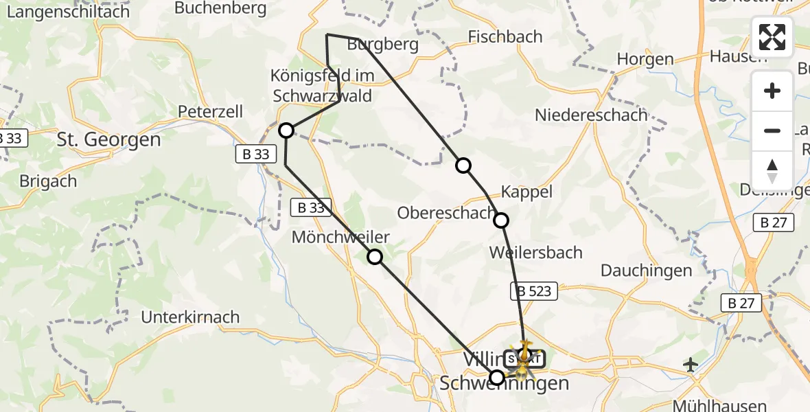 Flugroute Ambulanzhubschrauber DRF Air Rescue Station Villingen-Schwenningen Hubschrauberlandeplatz (Christoph 11) - DRF Air Rescue Station Villingen-Schwenningen Hubschrauberlandeplatz (Christoph 11), 13 Oktober 2026, 05:04