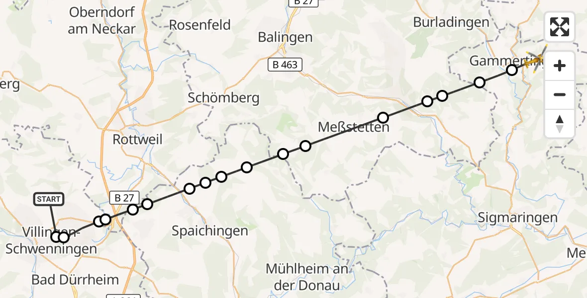 Flugroute Ambulanzhubschrauber Niedereschach - Gammertingen, 13 Oktober 2026, 05:39