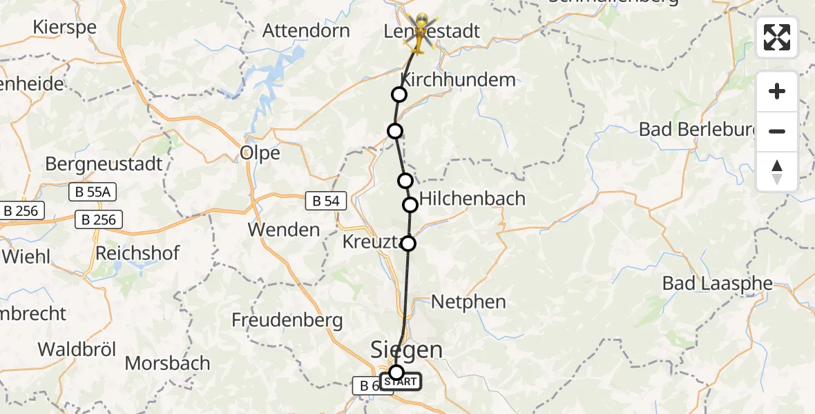 Flugroute Rettungshubschrauber Evangelisches Jung-Stilling Hospital - Lennestadt, 13 Oktober 2026, 05:49