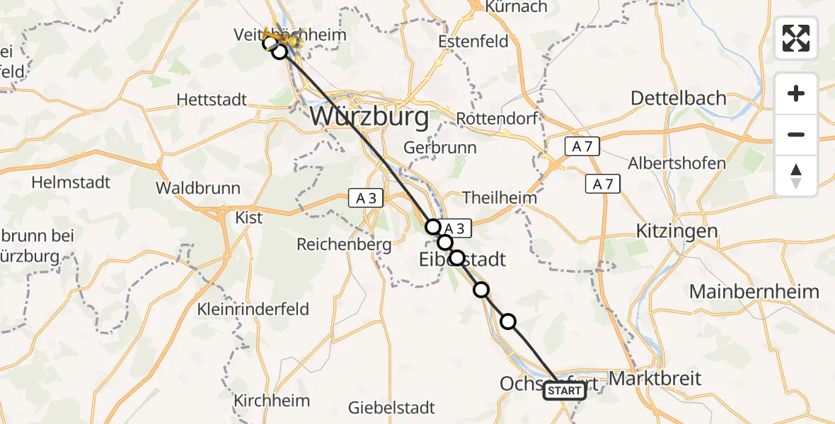 Flugroute Rettungshubschrauber Ochsenfurt - Margetshöchheim, 13 Oktober 2026, 05:55
