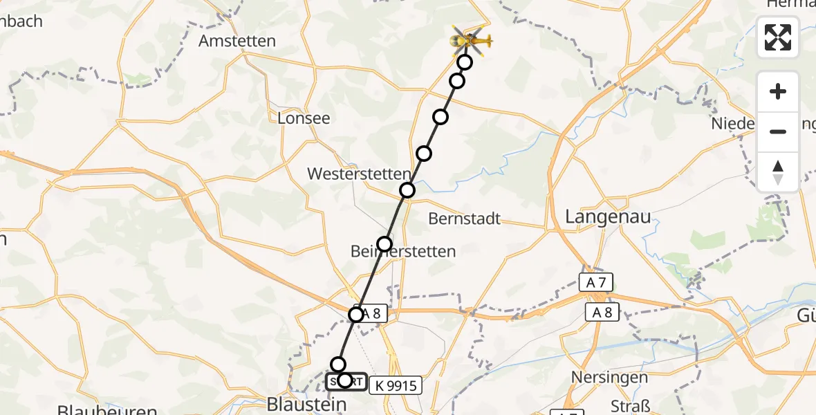 Flugroute Rettungshubschrauber Ulm Military Hospital Emergency - Altheim (Alb), 13 Oktober 2026, 06:15