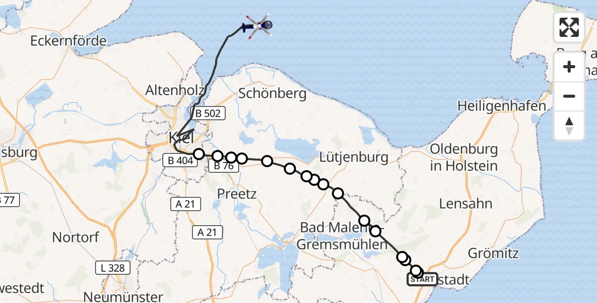 Flugroute Polizeihubschrauber Sierksdorf - Kiel, 13 Oktober 2026, 06:18