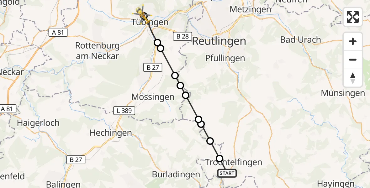 Flugroute Ambulanzhubschrauber Trochtelfingen - Tübingen University Hospital, 13 Oktober 2026, 06:22