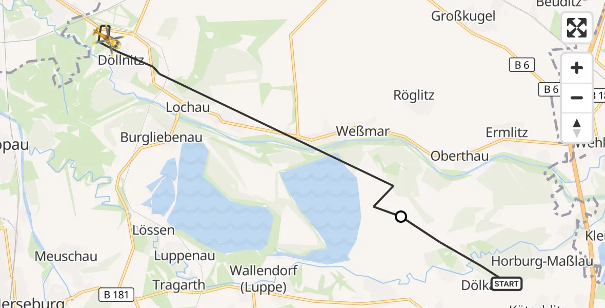 Flugroute Rettungshubschrauber Leuna - Schkopau, 13 Oktober 2026, 06:23
