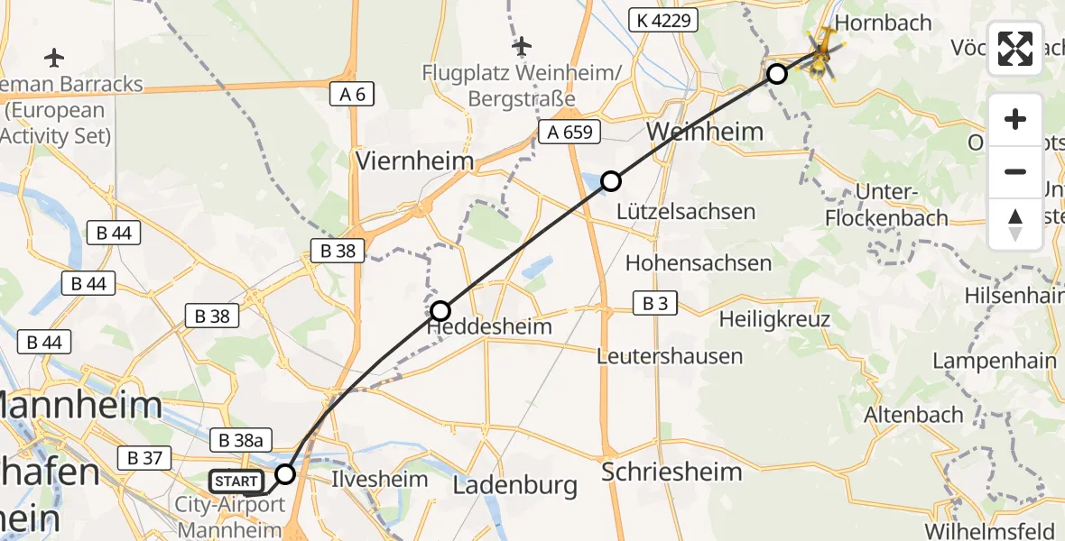 Flugroute Rettungshubschrauber Mannheim-City Flughafen - Birkenau, 13 Oktober 2026, 06:28