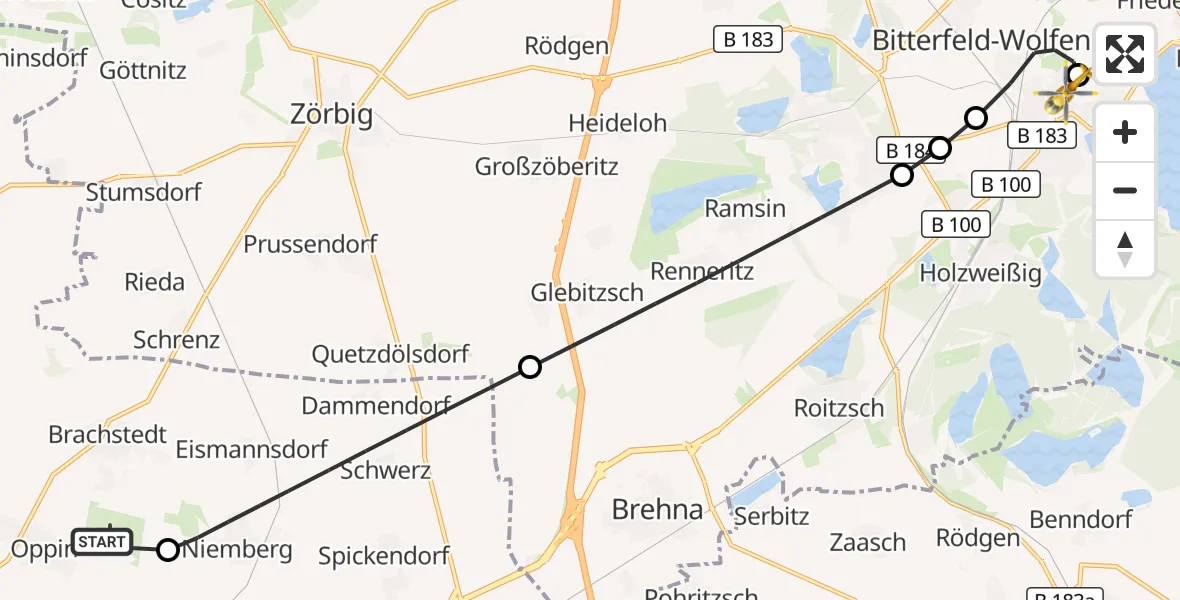 Flugroute Rettungshubschrauber Halle-Oppin Flugplatz - Bitterfield-Wolfen Health Center Hubschrauberlandeplatz, 13 Oktober 2026, 06:29
