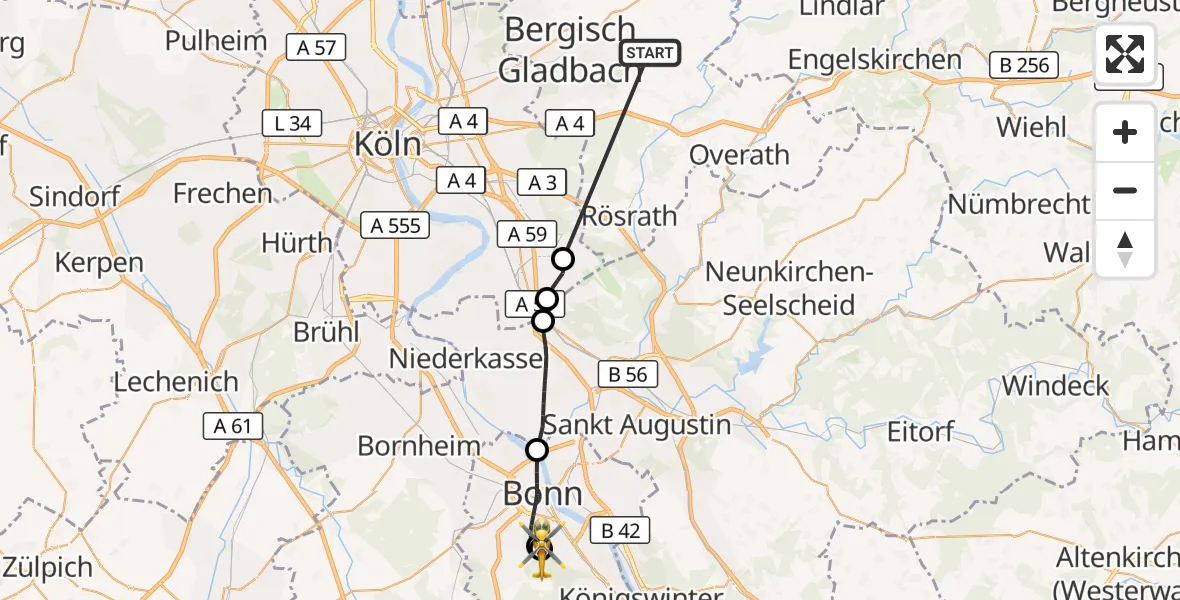 Flugroute Ambulanzhubschrauber Bergisch Gladbach - Bonn University Hospital, 13 Oktober 2026, 06:29