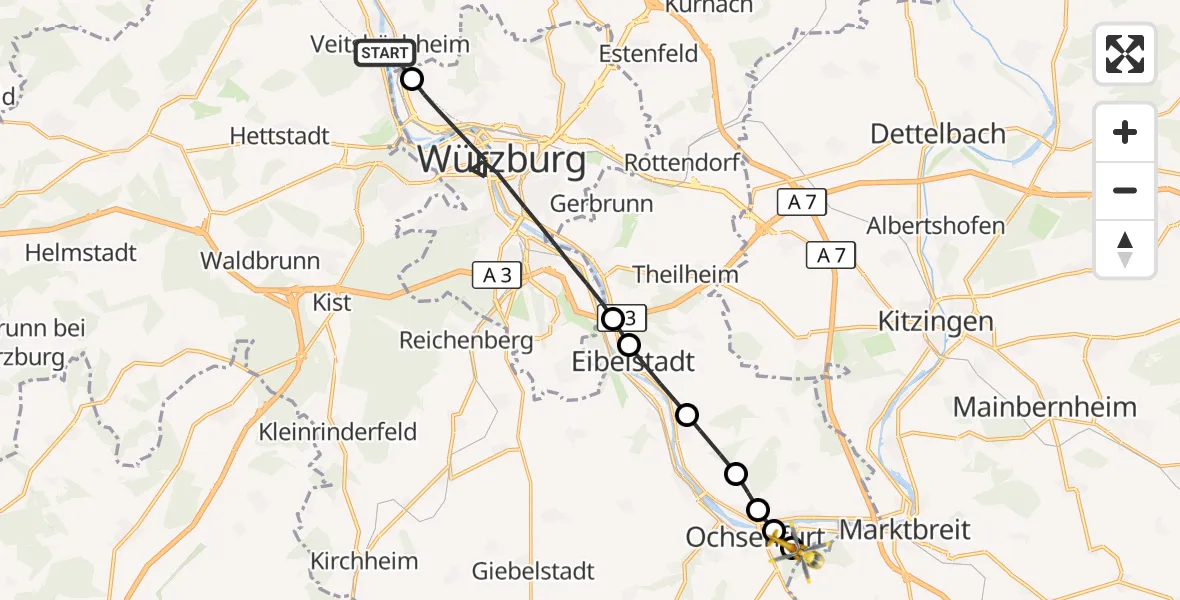 Flugroute Rettungshubschrauber Veitshöchheim - Ochsenfurt Hospital, 13 Oktober 2026, 06:33