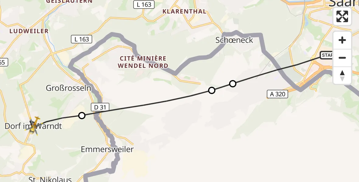 Flugroute Rettungshubschrauber Saarbrücken - Großrosseln, 13 Oktober 2026, 06:46