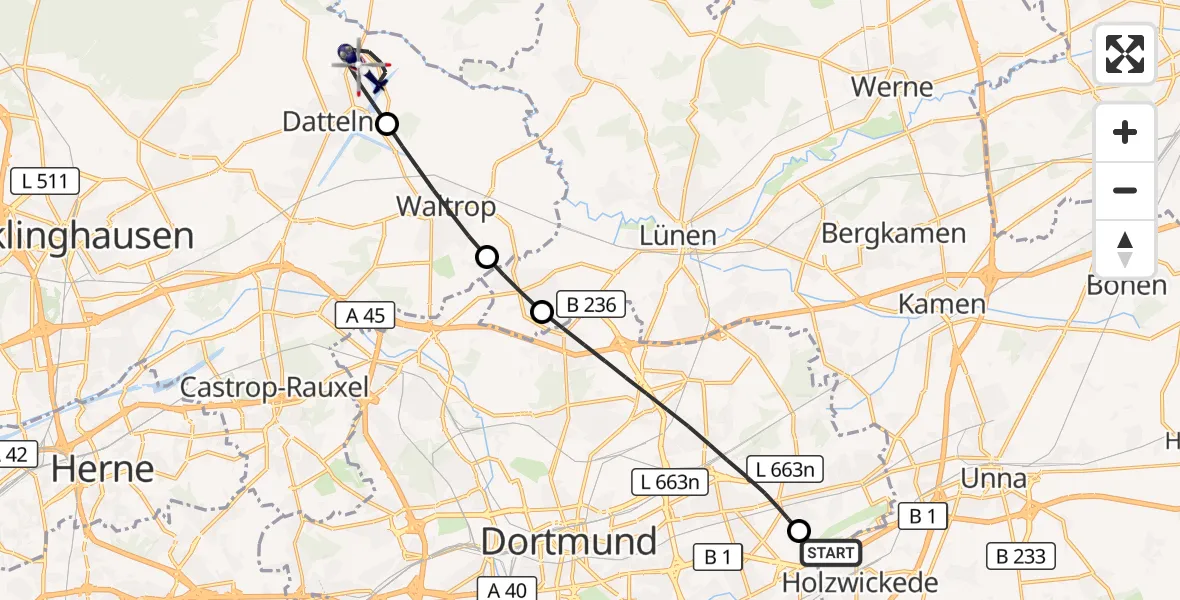 Flugroute Polizeihubschrauber Dortmund Flughafen - Datteln, 13 Oktober 2026, 06:49