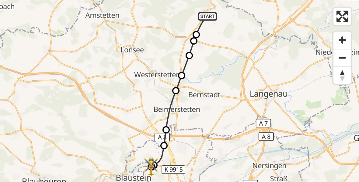 Flugroute Rettungshubschrauber Altheim (Alb) - ADAC Air Rescue Station Ulm (Christoph 22), 13 Oktober 2026, 06:55