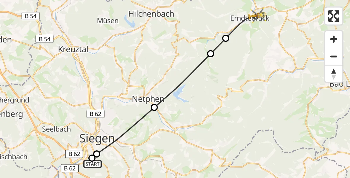 Flugroute Rettungshubschrauber Evangelisches Jung-Stilling Hospital - Erndtebrück, 13 Oktober 2026, 07:00