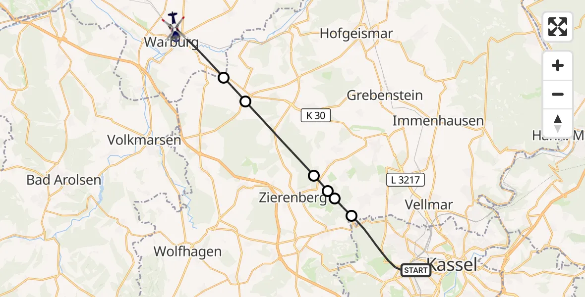 Flugroute Polizeihubschrauber Kassel - Warburg, 13 Oktober 2026, 07:01