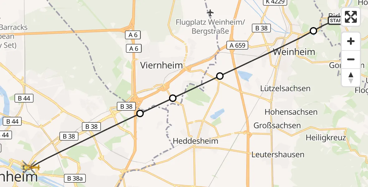 Flugroute Rettungshubschrauber Birkenau - Mannheim, 13 Oktober 2026, 07:15