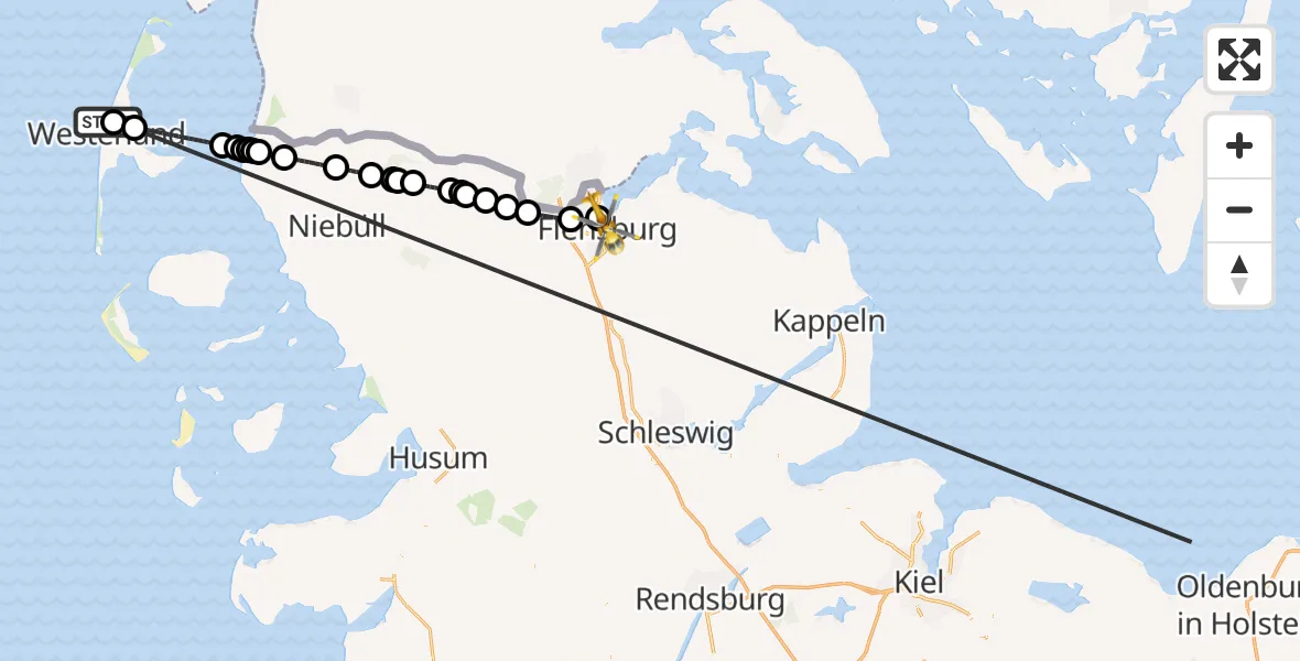 Flugroute Ambulanzhubschrauber Sylt - Flensburg, 13 Oktober 2026, 07:17