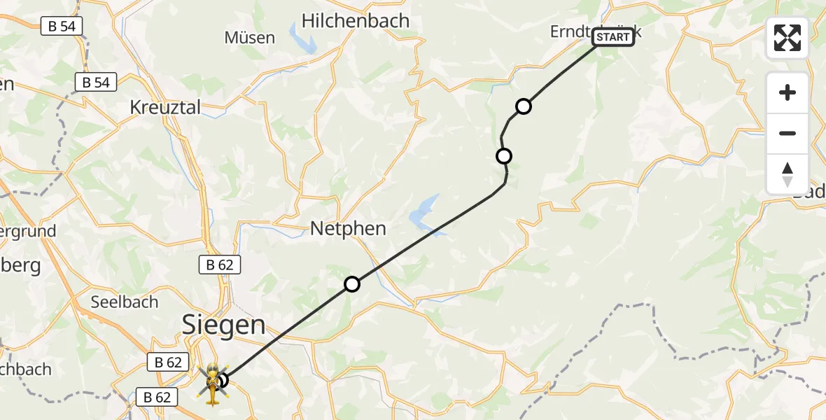 Flugroute Rettungshubschrauber Erndtebrück - Evangelisches Jung-Stilling Hospital, 13 Oktober 2026, 07:37
