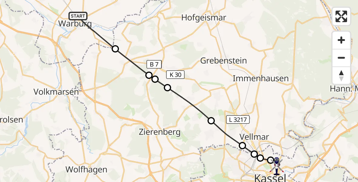 Flugroute Polizeihubschrauber Warburg - Kassel, 13 Oktober 2026, 07:37