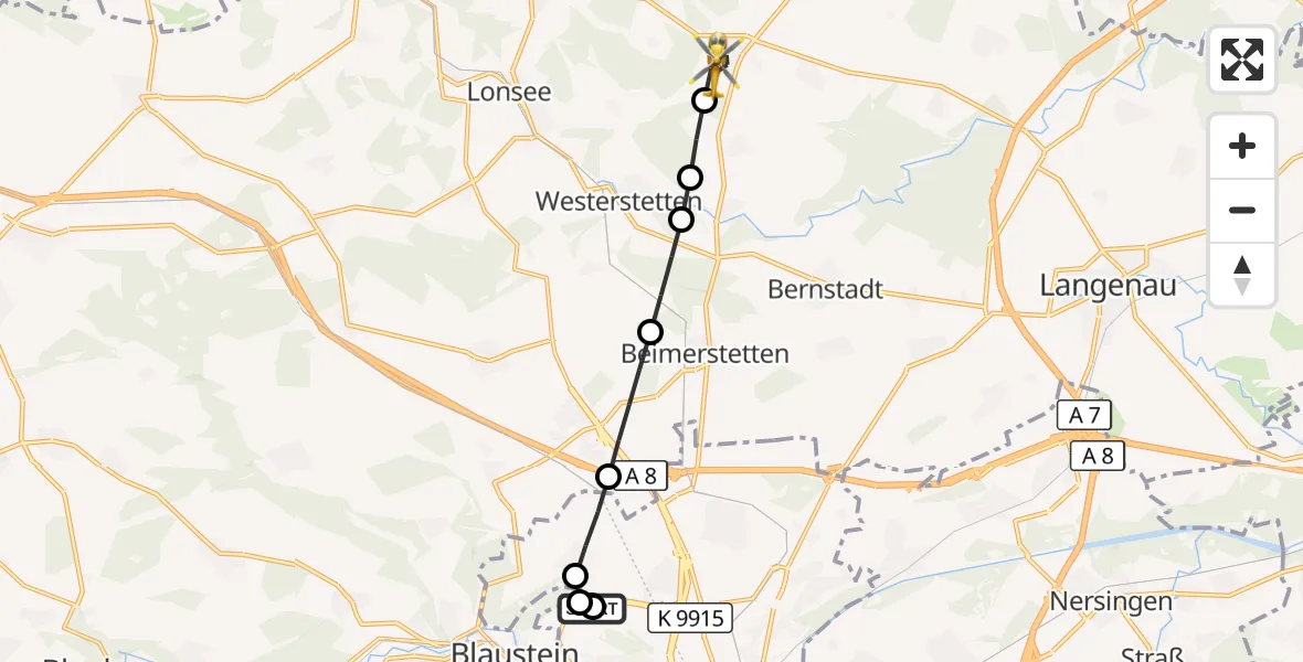 Flugroute Rettungshubschrauber Ulm Military Hospital Emergency - Weidenstetten, 13 Oktober 2026, 07:40