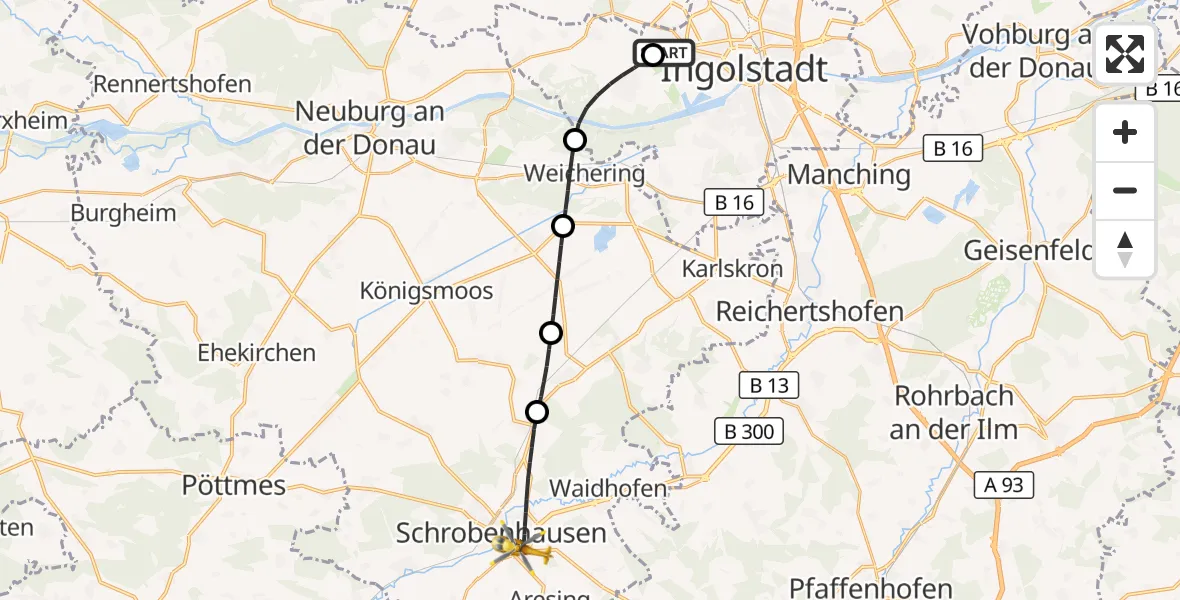 Flugroute Rettungshubschrauber Ingolstadt Hospital - Schrobenhausen, 13 Oktober 2026, 07:43