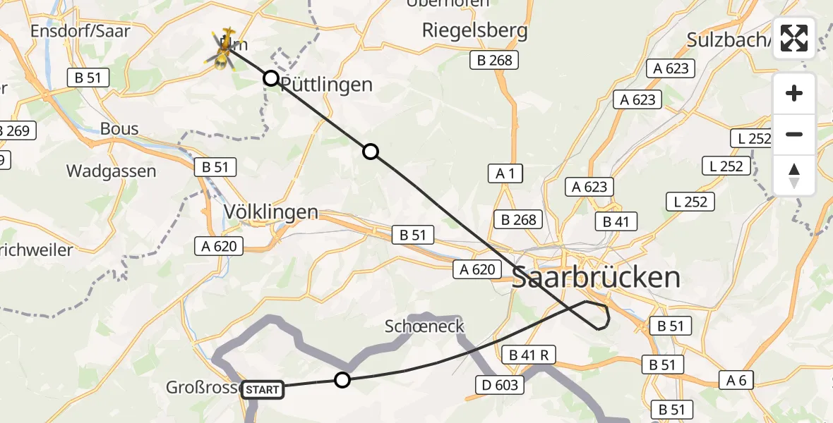 Flugroute Rettungshubschrauber Petite-Rosselle - Schwalbach, 13 Oktober 2026, 07:46