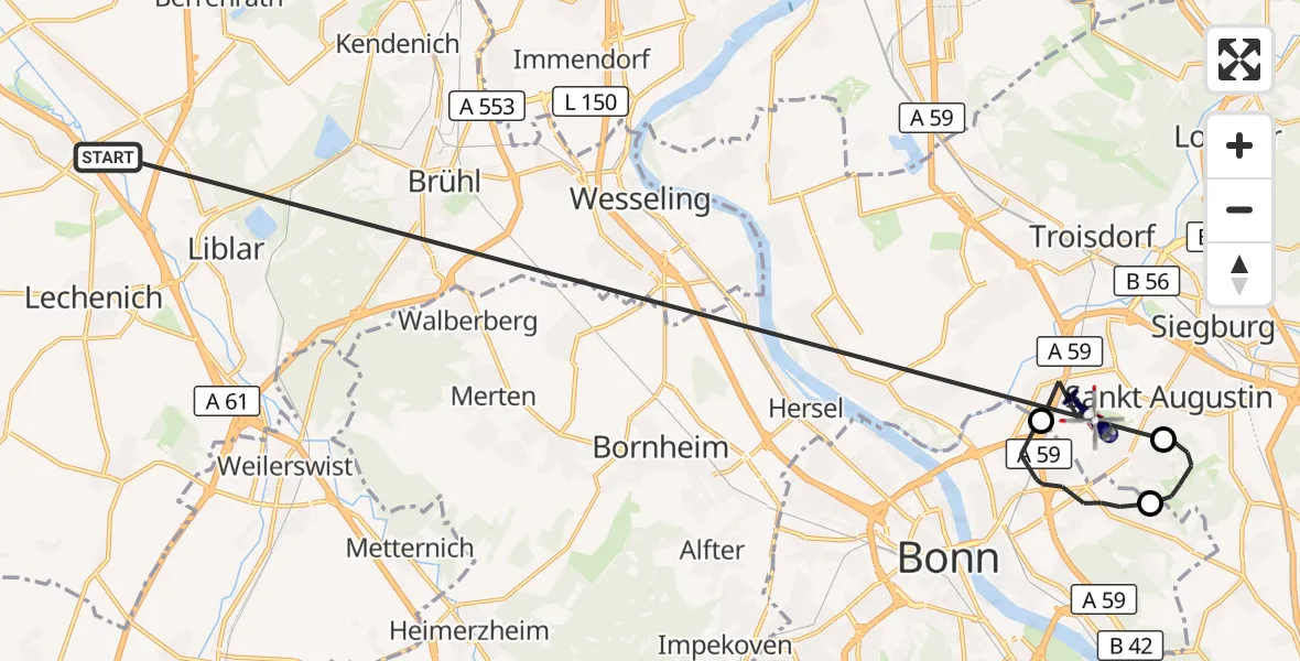 Flugroute Polizeihubschrauber Erftstadt - Bonn-Hangelar Flugplatz, 13 Oktober 2026, 07:47