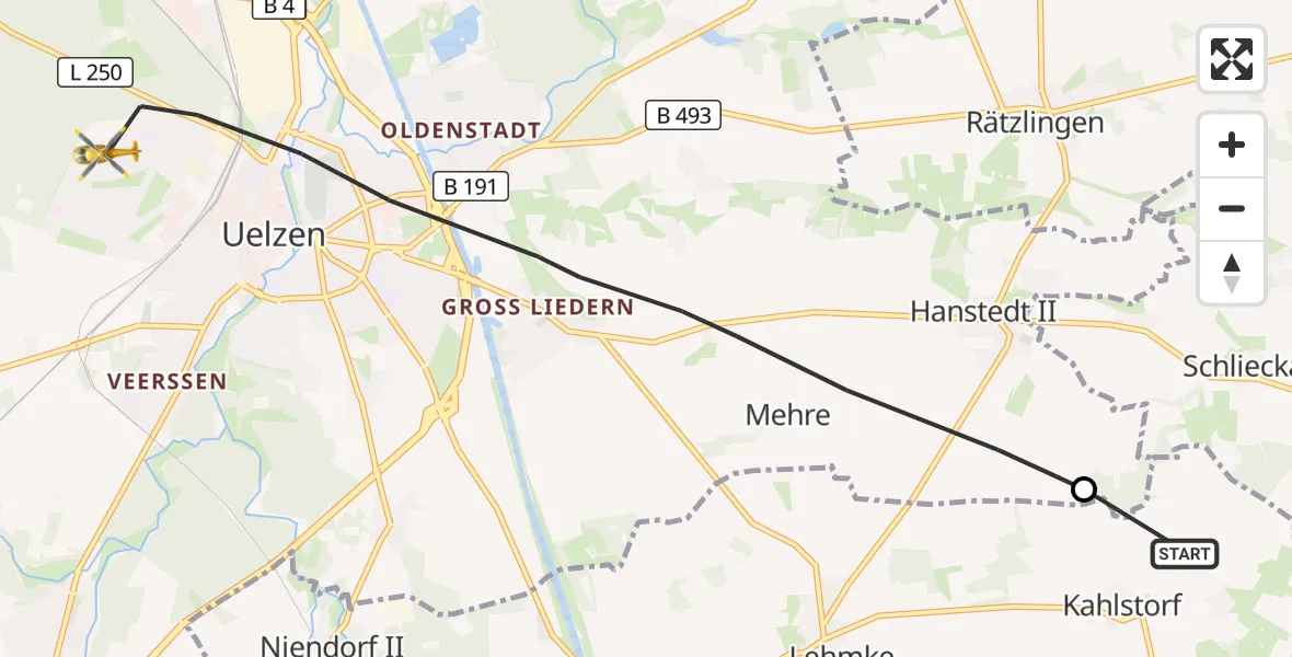 Flugroute Rettungshubschrauber Wrestedt - ADAC Air Rescue Station Uelzen Hubschrauberlandeplatz (Christoph 19), 13 Oktober 2026, 07:49
