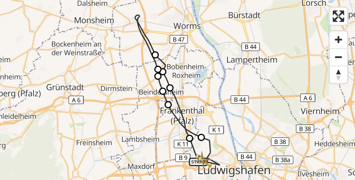 Flugroute Rettungshubschrauber Ludwigshafen am Rhein - Ludwigshafen Accident Hospital, 13 Oktober 2026, 07:53