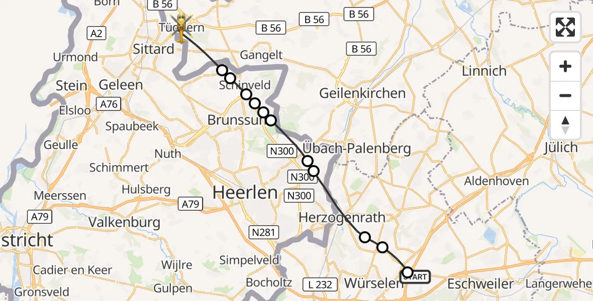 Flugroute Rettungshubschrauber Aachen-Merzbrück Flughafen - Selfkant, 13 Oktober 2026, 07:53