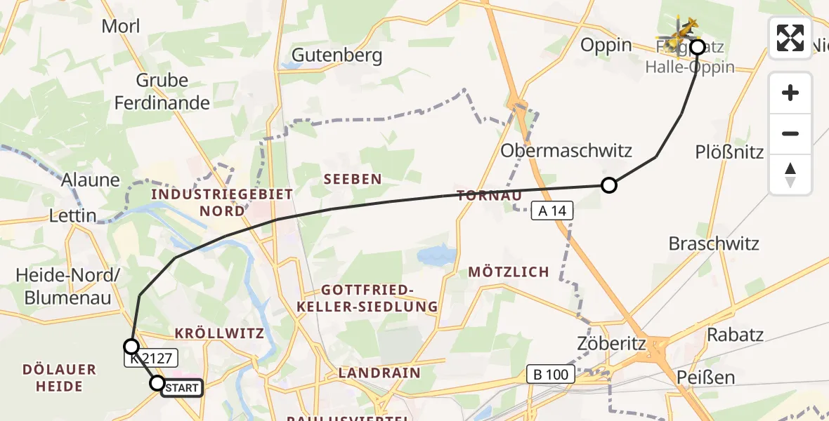Flugroute Rettungshubschrauber Halle (Saale) University Hospital - Halle-Oppin Flugplatz, 13 Oktober 2026, 08:04