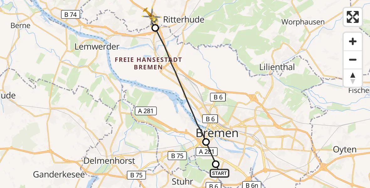 Flugroute Rettungshubschrauber ADAC Air Rescue Station Bremen Hubschrauberlandeplatz (Christoph 6) - Ritterhude, 13 Oktober 2026, 08:06