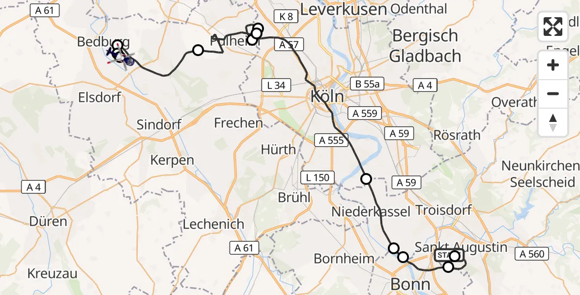 Flugroute Polizeihubschrauber Bonn-Hangelar Flugplatz - Bergheim Flugplatz, 13 Oktober 2026, 08:06