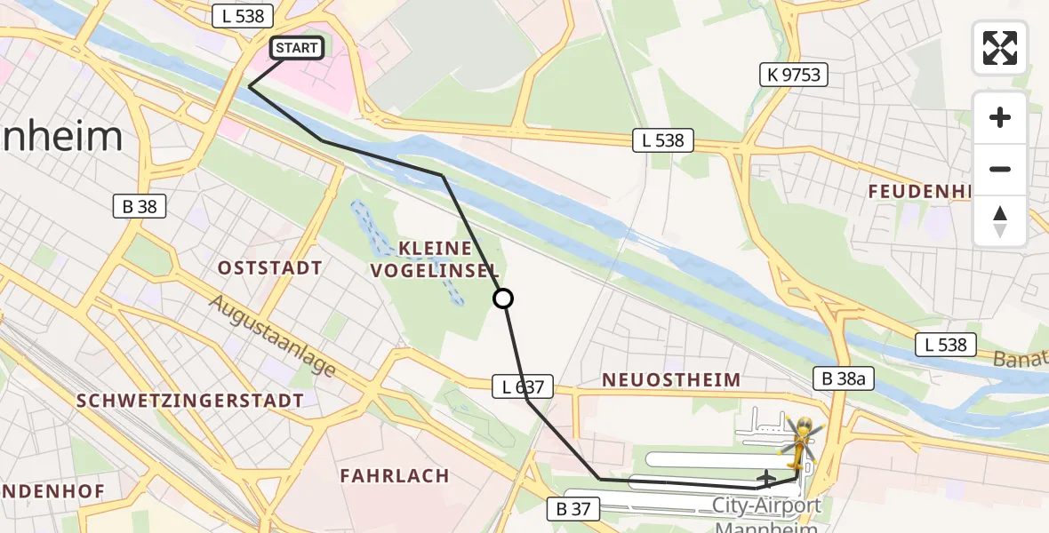 Flugroute Rettungshubschrauber Mannheim - Mannheim-City Flughafen, 13 Oktober 2026, 08:10