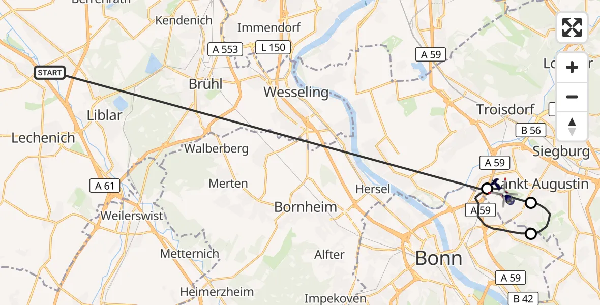 Flugroute Polizeihubschrauber Erftstadt - Bonn-Hangelar Flugplatz, 13 Oktober 2026, 08:20