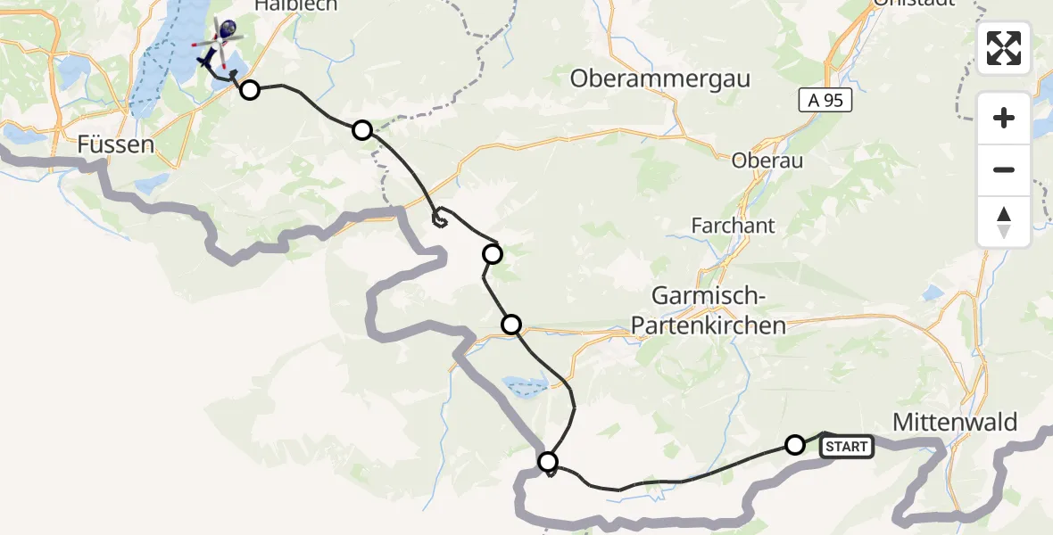 Flugroute Polizeihubschrauber Mittenwald - Halblech, 13 Oktober 2026, 08:22