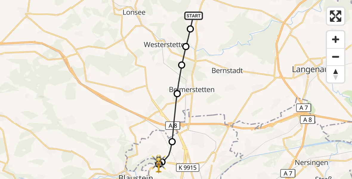 Flugroute Rettungshubschrauber Weidenstetten - ADAC Air Rescue Station Ulm (Christoph 22), 13 Oktober 2026, 08:30
