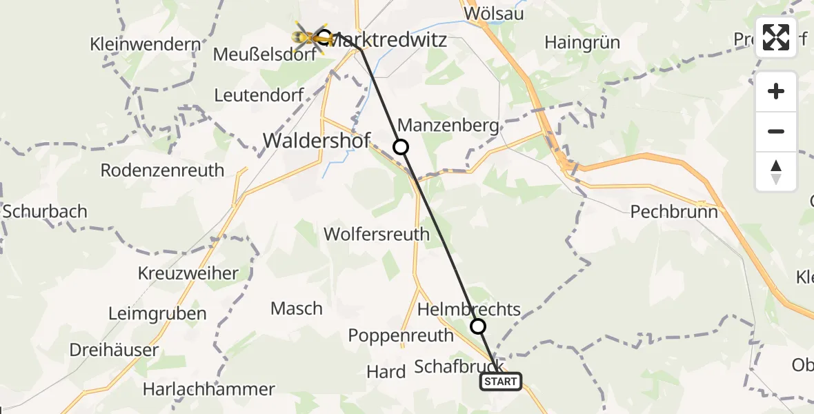 Flugroute Ambulanzhubschrauber Fuchsmühl - Fichtelgebirge Hospital Marktredwitz, 13 Oktober 2026, 08:29