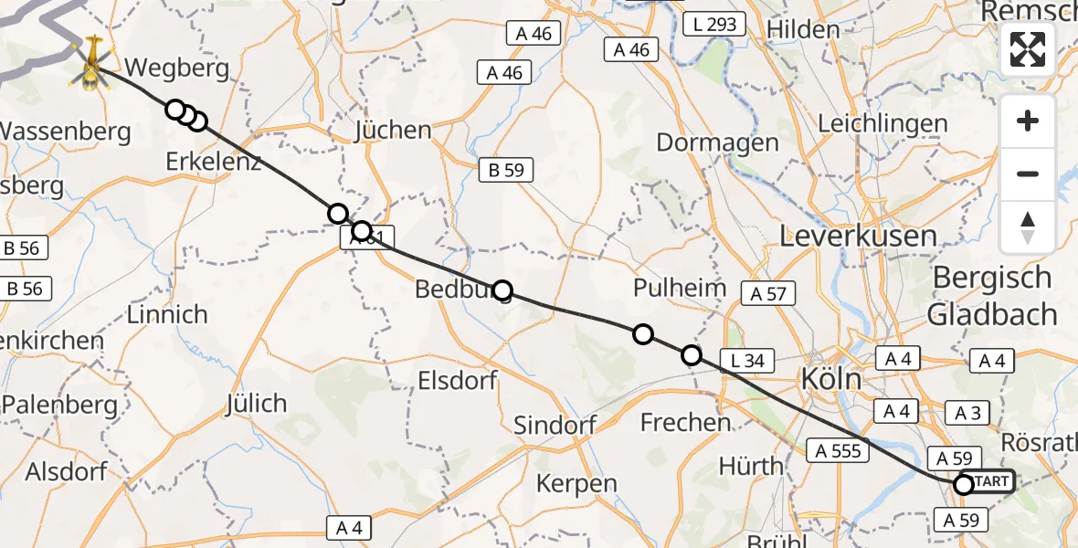 Flugroute Rettungshubschrauber Köln Bonn Flughafen - Wegberg, 13 Oktober 2026, 08:33