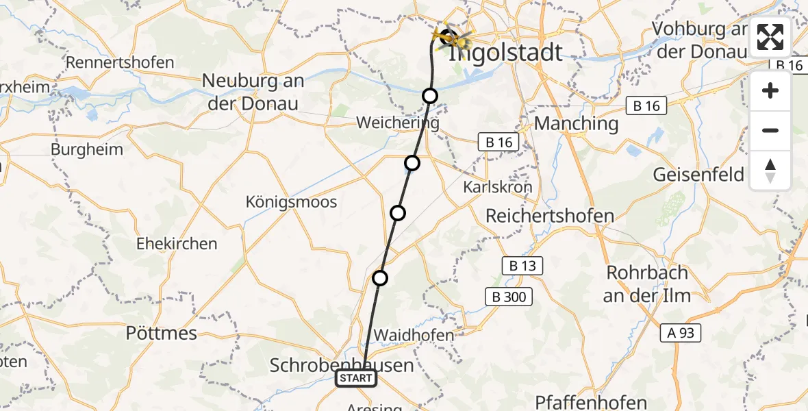 Flugroute Rettungshubschrauber Schrobenhausen - Ingolstadt Hospital, 13 Oktober 2026, 08:34