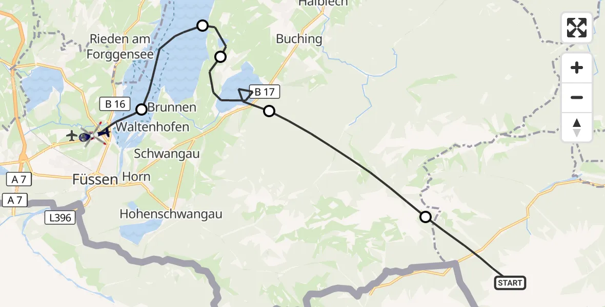 Flugroute Polizeihubschrauber Ettaler Forst - Füssen, 13 Oktober 2026, 08:44