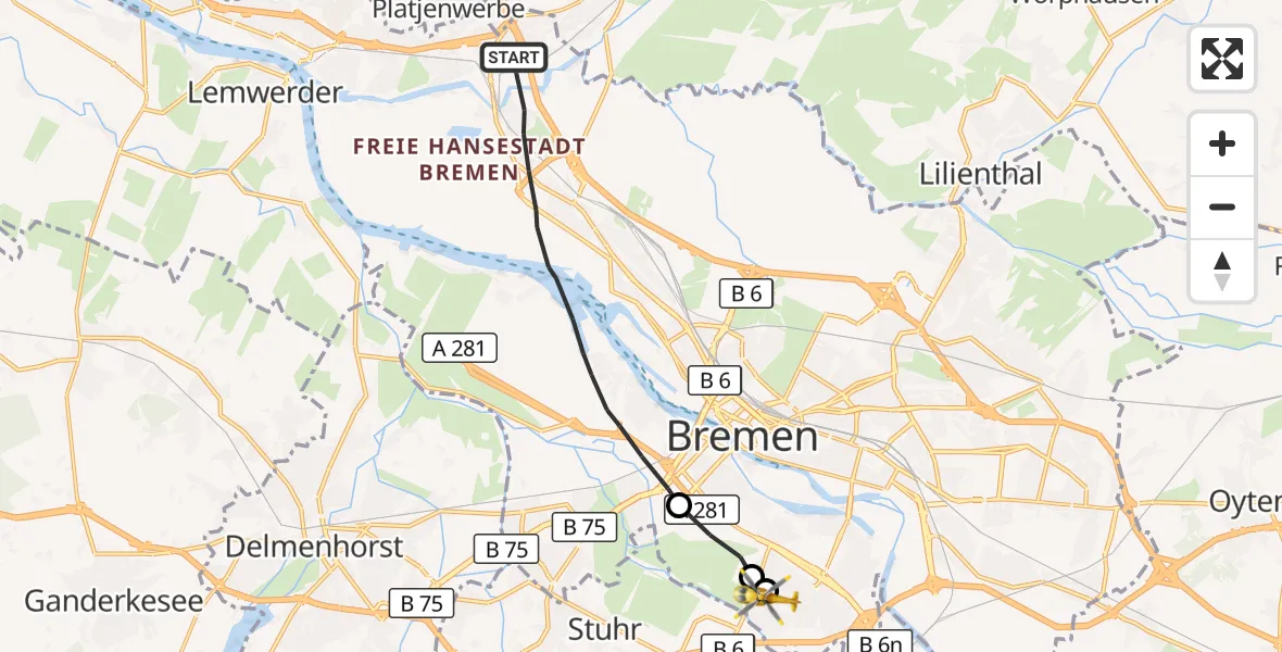 Flugroute Rettungshubschrauber Bremen - ADAC Air Rescue Station Bremen Hubschrauberlandeplatz (Christoph 6), 13 Oktober 2026, 08:44
