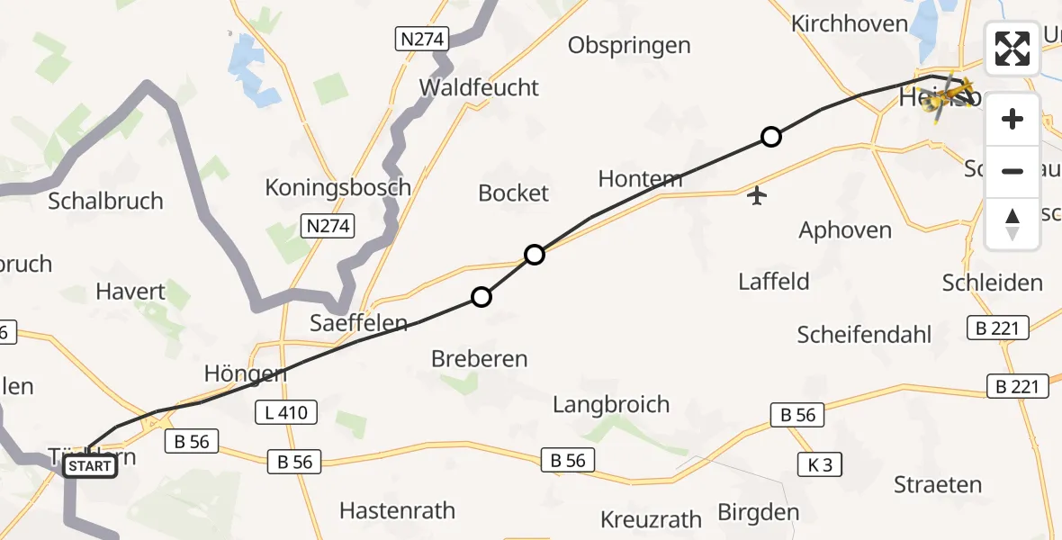 Flugroute Rettungshubschrauber Selfkant - Heinsberg, 13 Oktober 2026, 08:47