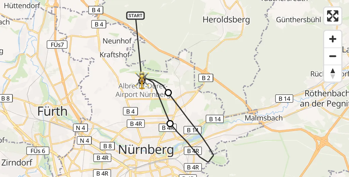 Flugroute Rettungshubschrauber Neunhofer Forst - Flughafen Nuremberg, 13 Oktober 2026, 08:49