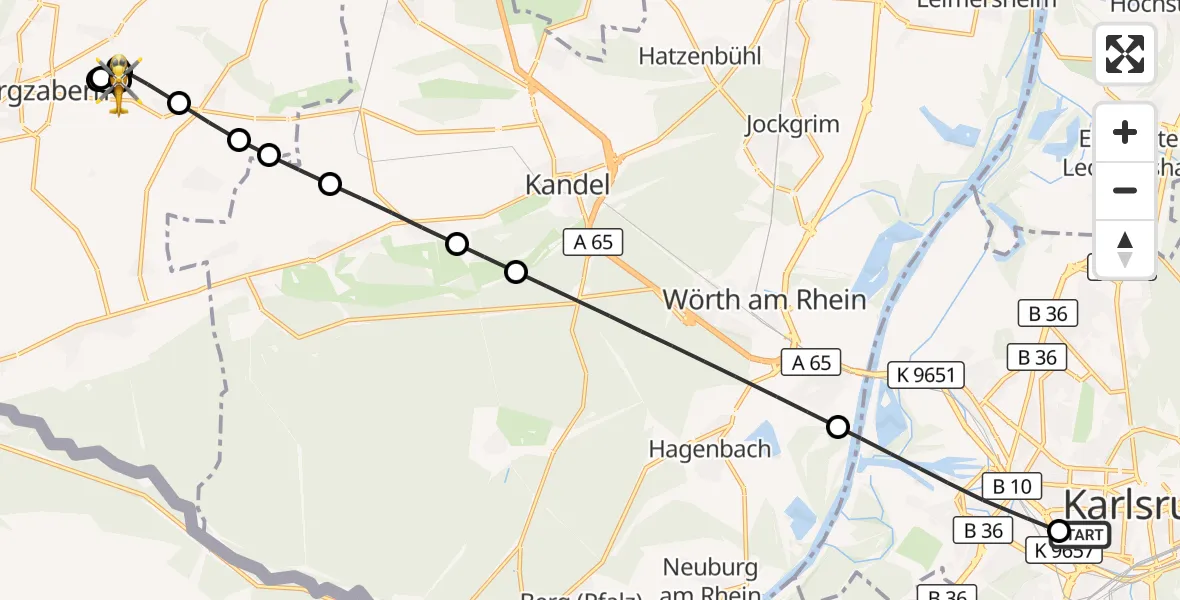 Flugroute Ambulanzhubschrauber Sankt Vincentius Hospital - Kapellen-Drusweiler, 13 Oktober 2026, 08:53