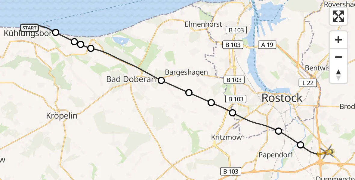 Flugroute Ambulanzhubschrauber Kühlungsborn - Dummerstorf, 13 Oktober 2026, 08:59