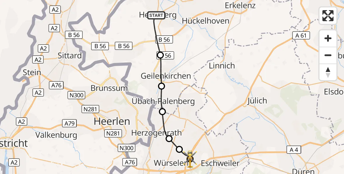 Flugroute Rettungshubschrauber Heinsberg - Aachen-Merzbrück Flughafen, 13 Oktober 2026, 09:00
