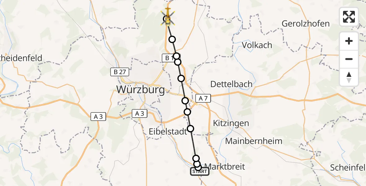 Flugroute Rettungshubschrauber Ochsenfurt Hospital - Hausen b.Würzburg, 13 Oktober 2026, 09:08